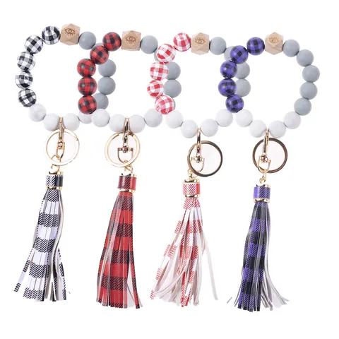 Silikonperlen Karierte Holzperlen Handgelenk Schlüsselanhänger Böser Blick Muster Schlüsselring Armband Mit PU Quaste Für Damen Mode