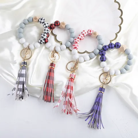 Silikonperlen Karierte Holzperlen Handgelenk Schlüsselanhänger Böser Blick Muster Schlüsselring Armband Mit PU Quaste Für Damen Mode