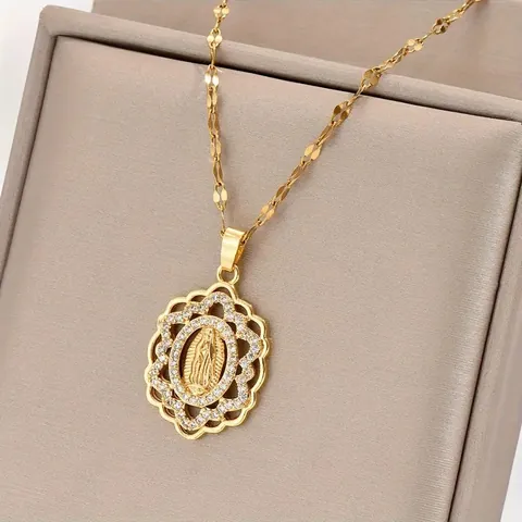 Vintage Vergoldet Kupfer Jungfrau Maria Ovaler Anhänger Halskette Mit Mikro-Eingelegten Weißen Zirkonia Für Damen Religiöser Schmuck