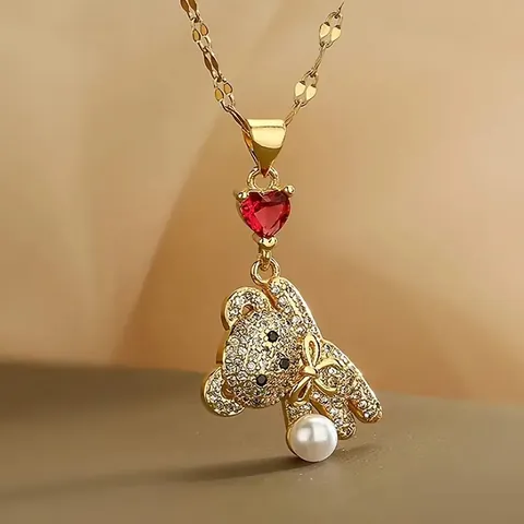 Collier Pendentif Ours Ballon Coeur en Cuivre Zircon Plaqué Or Chaîne de Clavicule Petit Ours Bijoux Cadeau pour Femme