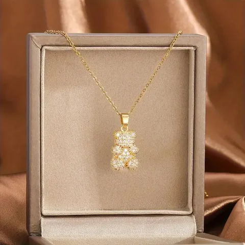 Fashion Copper Micro Inlaid Zirconia Teddy Bear Pendant Necklace Gold Plated Cute Animal Jewelry For Women Party Gift