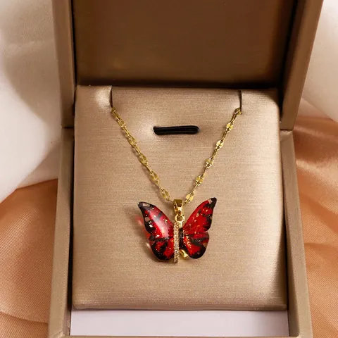Elegant Butterfly Pendant Necklace Iridescent Gradient Resin Gold Foil Titanium Steel Copper Clavicle Chain Jewelry For Women