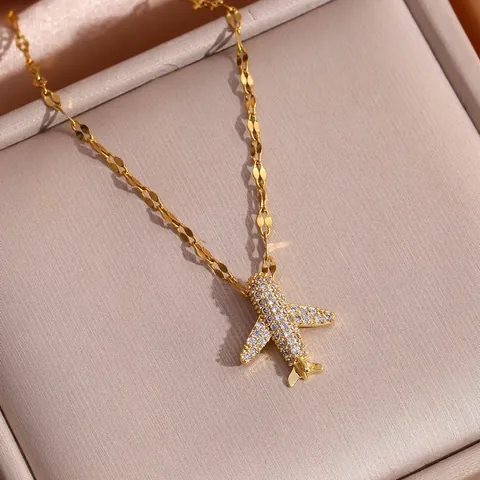 Collar con Colgante de Avión de Cobre y Zirconia Chapado en Oro para Mujer con Micro Incrustación de Diamantes Joyería de Moda