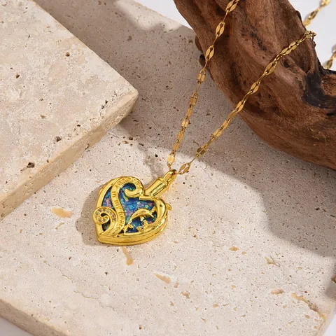 Gold Plated Copper Dolphin Heart Cremation Urn Necklace For Ashes Always In My Heart Engraved Blue Opal Inlaid Memorial Jewelry