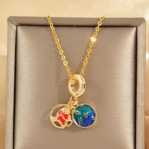 Collar Doble Colgante de Cobre Chapado en Oro Esmalte Niña Hawaiana y Perro Joyería de Moda con Zirconia Micro Incrustada Mujer