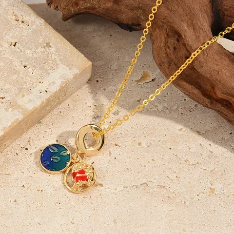 Collar Doble Colgante de Cobre Chapado en Oro Esmalte Niña Hawaiana y Perro Joyería de Moda con Zirconia Micro Incrustada Mujer