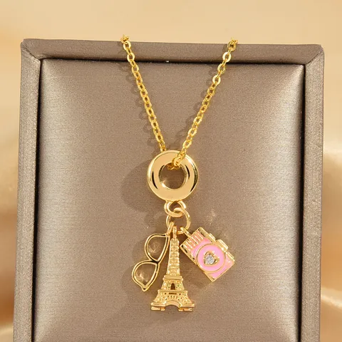 Kupfer Mikro Zirkon Eiffelturm Brille Kamera Anhänger Halskette Gold Rosa Emaille Reisestil Romantischer Schmuck Für Damen