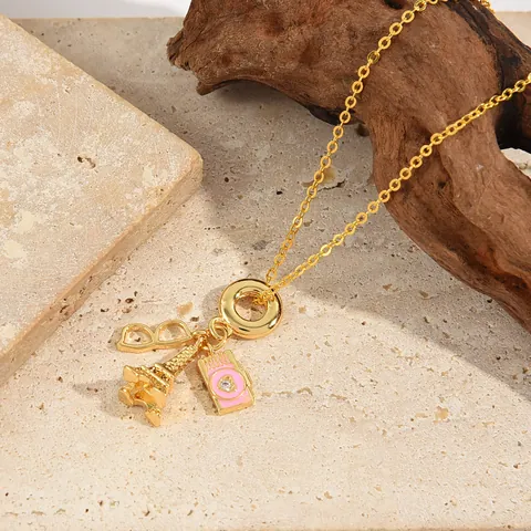 Kupfer Mikro Zirkon Eiffelturm Brille Kamera Anhänger Halskette Gold Rosa Emaille Reisestil Romantischer Schmuck Für Damen