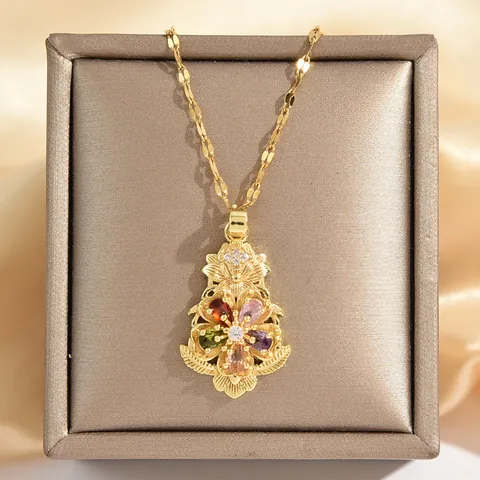Collar con Colgante de Flor de Cobre y Zirconia Vintage Chapado en Oro con Gemas de Colores Forma de Pera Joyería para Mujer