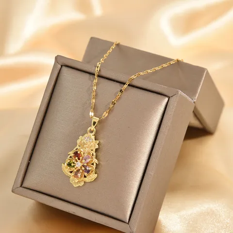 Collar con Colgante de Flor de Cobre y Zirconia Vintage Chapado en Oro con Gemas de Colores Forma de Pera Joyería para Mujer