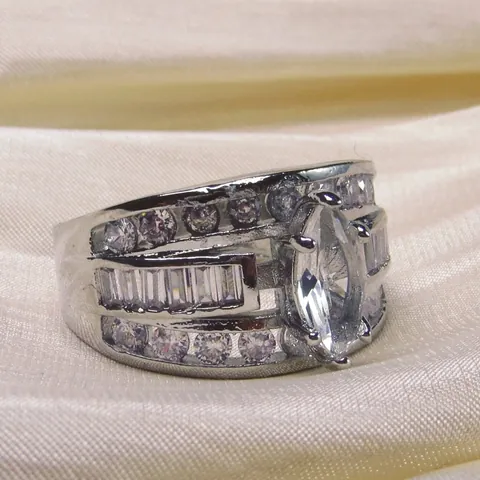 Retro Luxury Copper Marquise Zirconia Wide Multi Layer Ring For Women Silver Plated Rhinestone Wedding Party Jewelry