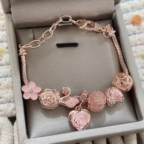 Rose Gold Color Beaded Charm Bracelet Alloy Pink Flower Swan Heart Rose Pendant Romantic Jewelry Gift For Women
