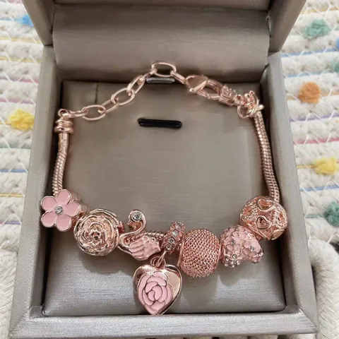 Rose Gold Color Beaded Charm Bracelet Alloy Pink Flower Swan Heart Rose Pendant Romantic Jewelry Gift For Women