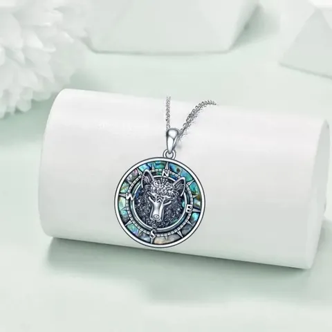 Vintage Kupfer Zirkonia Wolfskopf Kompass Anhänger Halskette Mit Abalone Muschel Einlage Versilbert Hip Hop Schmuck Damen