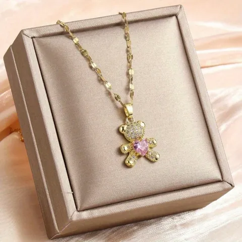 Copper Zircon Bear Pendant Necklace For Women Pink Heart Gemstone Gold Plated Sparkling Rhinestone Jewelry Gift Accessories