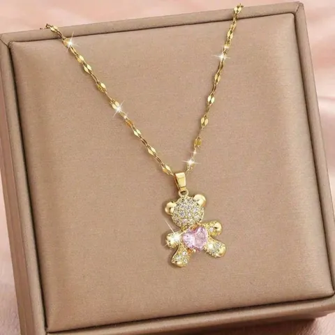 Copper Zircon Bear Pendant Necklace For Women Pink Heart Gemstone Gold Plated Sparkling Rhinestone Jewelry Gift Accessories