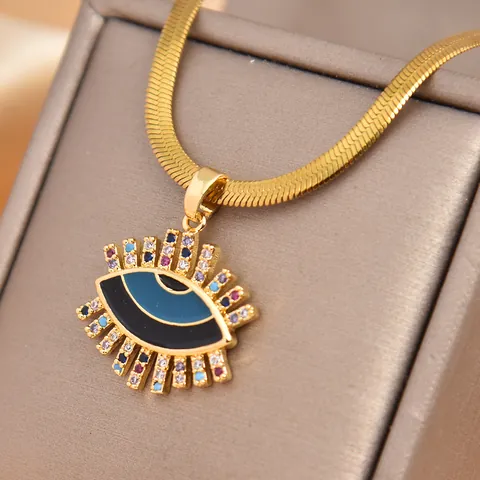 Damen Vergoldete Kupferkette Mit Teufelsauge Anhänger Bunte Zirkonia Emaille Schlangenkette Hip Hop Schmuck Geschenk