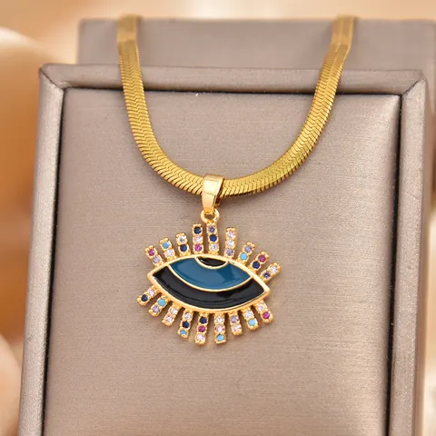 Damen Vergoldete Kupferkette Mit Teufelsauge Anhänger Bunte Zirkonia Emaille Schlangenkette Hip Hop Schmuck Geschenk