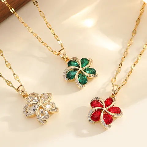Stainless Steel Floral Pendant Necklace Gold Plated Flower Pear Cut Zirconia Fashion Jewelry For Women Daily Party Gift