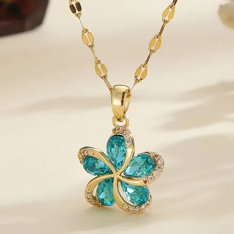 Stainless Steel Floral Pendant Necklace Gold Plated Flower Pear Cut Zirconia Fashion Jewelry For Women Daily Party Gift