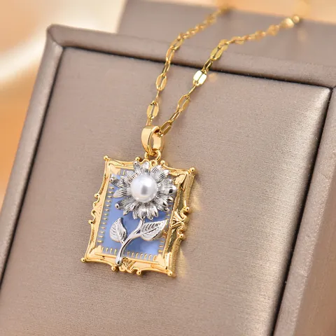 Vintage Blue Sunflower Picture Frame Pendant Necklace Gold Plated Copper Zirconia Pearl Flower Jewelry For Women Elegant Necklace
