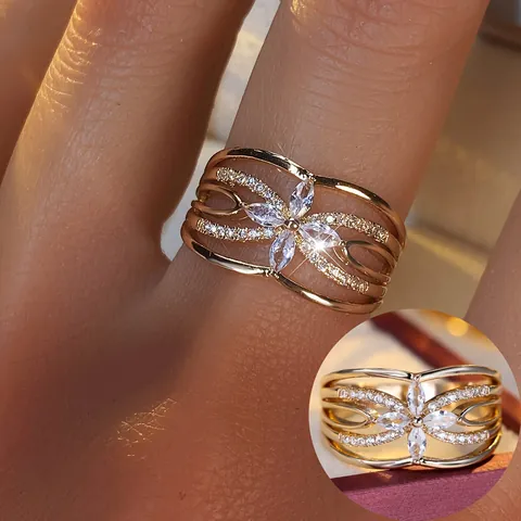 Light Luxury Copper Zirconia Four-Leaf Clover Open Ring For Women Niche Design Hollow Multi-Layer Floral Finger Ring Jewelry Gift