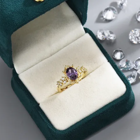 Women Vintage Copper Flower Ring With Zirconia Inlaid Luxury Rhinestone Adjustable Finger Ring For Wedding Party Jewelry