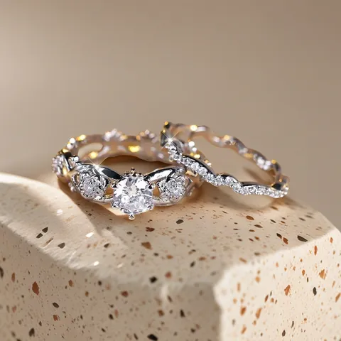 Vintage Rose Flower Ring Set For Women Silver Color Copper Micro Inlaid Zirconia Hollow Wedding Party Design Jewelry