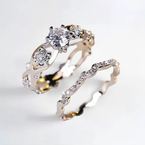 Vintage Rose Flower Ring Set For Women Silver Color Copper Micro Inlaid Zirconia Hollow Wedding Party Design Jewelry