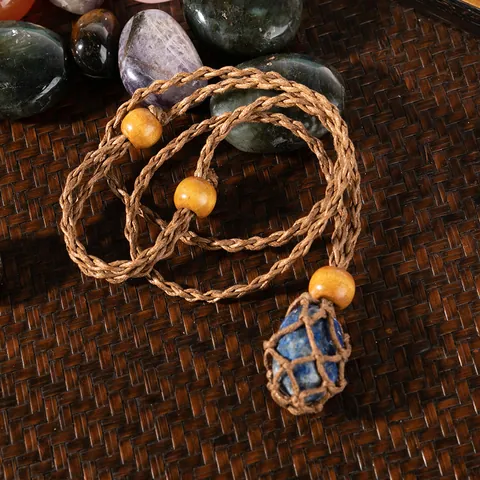 Natural Crystal Raw Stone Pendant Necklace Hand Woven Mesh Pouch Holder Rose Quartz Tiger Eye Amethyst Lapis Lazuli Healing Jewelry