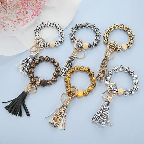 Damen Mode Perlen Armband Schlüsselanhänger Mit Kunstleder Quaste Holzperlen Armreif Schlüsselring Halter Für Tägliche Dekorative