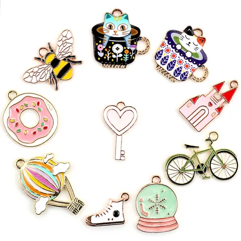 Cute Cartoon Enamel Alloy Charms Pendants For DIY Jewelry Making Bracelet Necklace Accessories Hot Air Balloon Cat Donut Castle Bicycle Heart Key
