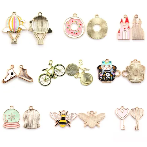Cute Cartoon Enamel Alloy Charms Pendants For DIY Jewelry Making Bracelet Necklace Accessories Hot Air Balloon Cat Donut Castle Bicycle Heart Key