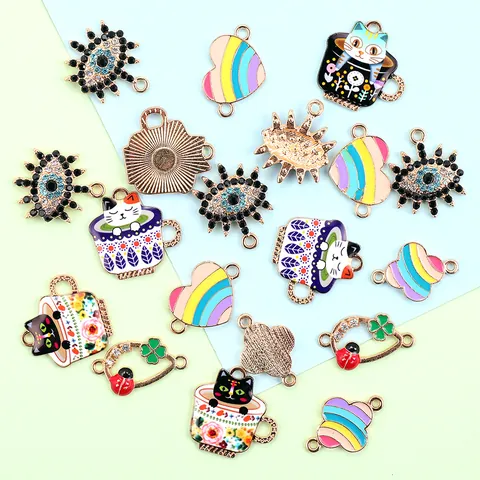 Cartoon Legering Emaille Kat Theekopje Hangers Regenboog Hart Lieveheersbeestje Klaver Voor DIY Sieraden Maken Accessoires