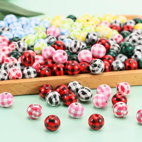 Perles en Bois Rondes Carreaux Buffalo Motifs à Carreaux Imprimés Perles en Bois pour Fabrication de Bijoux DIY Bracelet Maison
