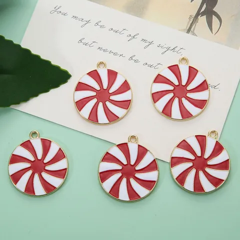 Red White Swirl Round Pendant Alloy Enamel Peppermint Candy Style DIY Jewelry Keychain Accessory For Christmas Gift