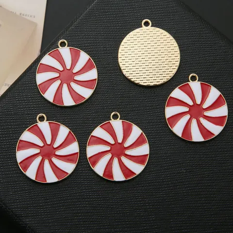 Red White Swirl Round Pendant Alloy Enamel Peppermint Candy Style DIY Jewelry Keychain Accessory For Christmas Gift