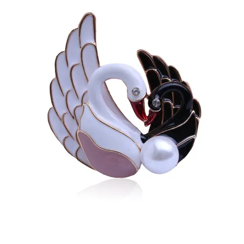 Elegant Double Swan Brooch Pin For Women Vintage Gold Plated Alloy Enamel Rhinestone Imitation Pearl Animal Jewelry Gift