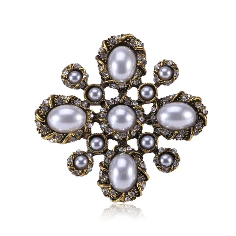 Vintage Baroque Cross Floral Brooch With Faux Artificial Pearls And Rhinestones Antique Gold Plated Elegant Breastpin For Women Jewelry