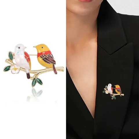 Enamel Bird Brooch For Women Alloy Drip Oil Animal Pin With Tree Branch Flower Leaf Clothing Accessories Jewelry Gift