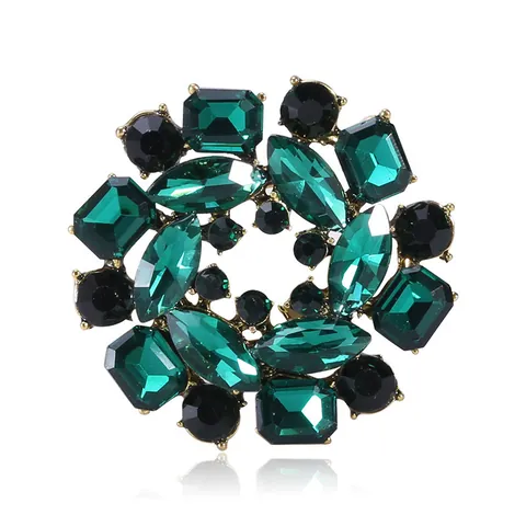 Vintage Luxury Emerald Green Flower Brooch Alloy Rhinestone Enamel Circle Pin For Women Fashion Jewelry Apparel Accessories