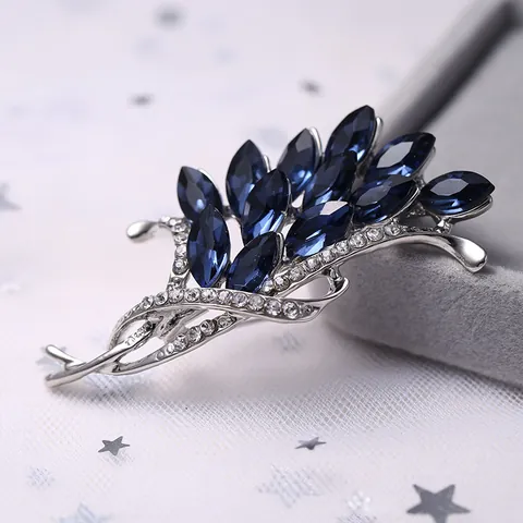 Elegant Alloy Crystal Glass Floral Brooch Pin For Women Dark Blue Marquise Rhinestone Leaf Feather Brooch Wedding Party Jewelry