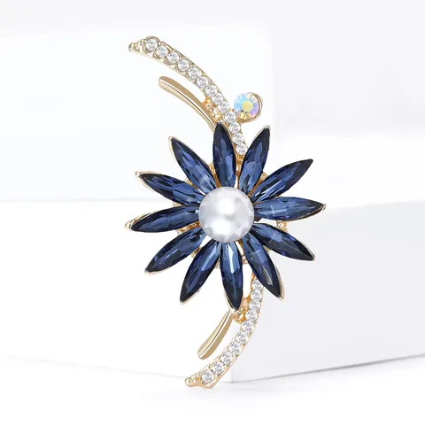 Luxury Blue Crystal Flower Brooch For Women Alloy Rhinestone Faux Artificial Pearl Pins For Coats Banquet Wedding Jewelry Accessories