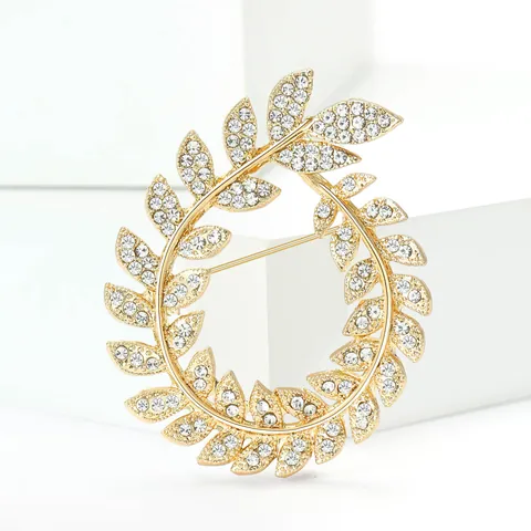 Elegant Olive Branch Wreath Brooch Pin Rhinestone Alloy Garland Breastpin For Women Suit Dress Accessory Jewelry