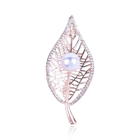 Elegante Broche de Hoja Hueca para Mujer Aleación Perla Artificial Diamante de Imitación Alfiler Regalo Boda Fiesta Accesorios