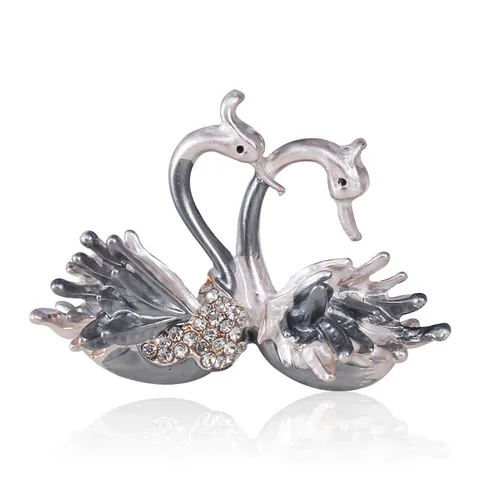 Elegant Alloy Double Swan Brooch Enamel Rhinestone Inlaid Animal Breastpin Wedding Party Dress Accessory For Women Jewelry