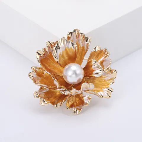 Elegant Peony Flower Brooch With Imitation Pearl Enamel Alloy Pin For Women Cheongsam Banquet Dress Accessory