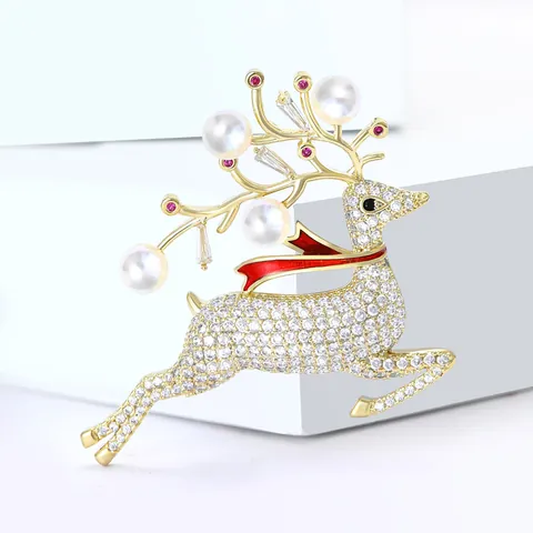 Festive Christmas Reindeer Brooch For Women Gold Plated Copper Zirconia Pin With Imitation Pearl Enamel Scarf Elk Animal Brooch