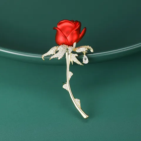 Elegant Enamel Red Blue Rose Flower Brooch Copper Micro Pave Zirconia Water Drop Pendant Jewelry Pin Valentine Gift Women