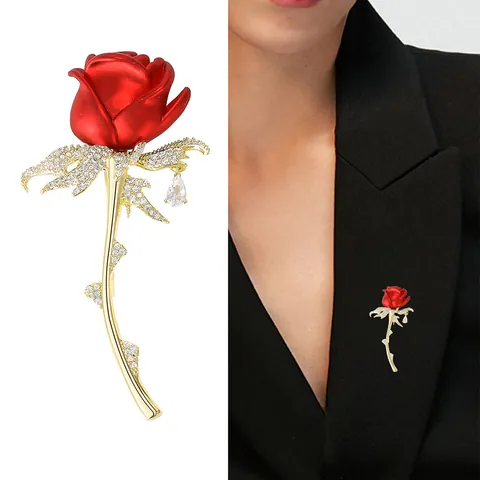 Elegant Enamel Red Blue Rose Flower Brooch Copper Micro Pave Zirconia Water Drop Pendant Jewelry Pin Valentine Gift Women
